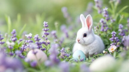White rabbit sitting in a spring meadow with pastel Easter eggs. Cute bunny among purple flowers and lavender. Happy Easter holiday background for greeting card and banner