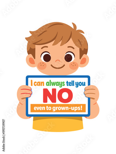 kid holding small boundary badge card saying I can always tell you no even to grownups healthy autonomy message . colored flat icon vector illustration