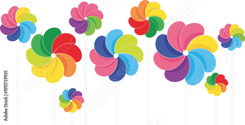 Colorful pinwheel flowers illustration, playful wind toys in rainbow colors, cheerful summer decoration background for kids, festival, party, nursery design