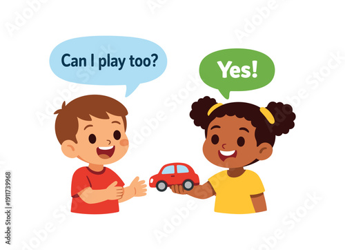 two kids sharing toy one says can I play too question bubble other answers with yes bubble consent before joining play . colored flat icon vector illustration
