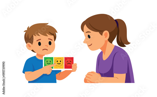 kid using feelings scale card green ok uncomfortable not safe pointing to while adult listens early boundary signal . colored flat icon vector illustration