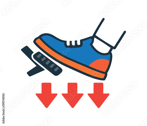 foot pressing simple flat brake pedal triangle arrows pointing down minimal stop action icon no body . colored flat icon vector illustration