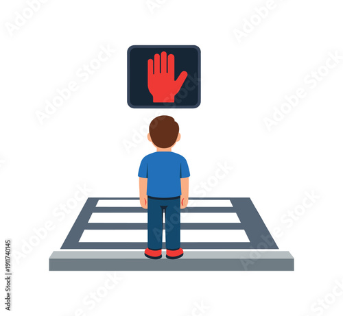 pedestrian standing at curb facing do not walk signal simple hand symbol above crosswalk stripes city shapes removed no cars no clouds . colored flat icon vector illustration