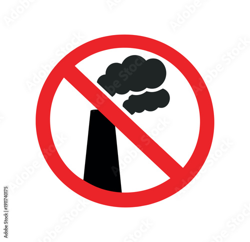 stop pollution icon smokestack silhouette crossed by bold bar minimal eco warning no sky no cityscape . colored flat icon vector illustration