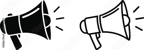 Megaphone icon set, public address bullhorn symbol, loudspeaker marketing and promotion outline and solid vector illustration