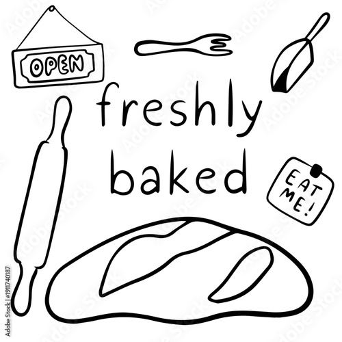 Hand Drawn Bakery Doodle with Bread Rolling Pin Open Sign and Eat Me Sticker
