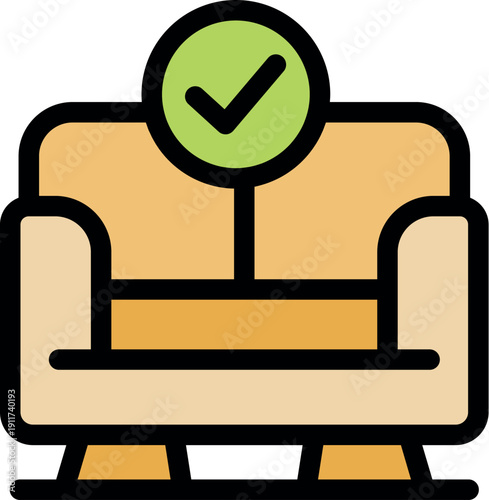 Comfortable sofa with check mark indicating approval, ideal for furniture stores, interior design, and home decor concepts