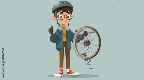 A cartoon boy wearing a helmet and glasses holds a bicycle wheel, giving a thumbs-up