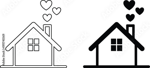 Sweet home icon set, lovely house with hearts from chimney, family love and real estate vector illustration