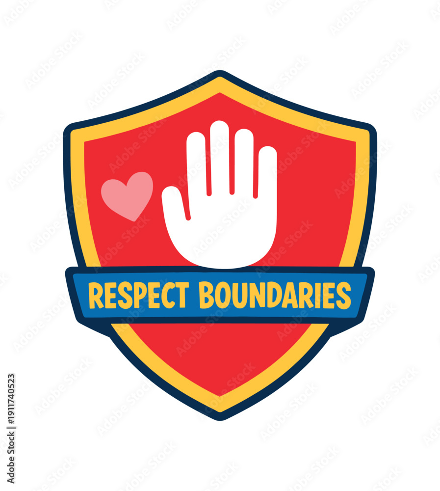 Obraz premium playful kids stop sign shaped like friendly shield with tiny heart and raised hand inside respect boundaries symbol no characters . colored flat icon vector illustration