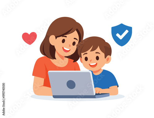 parent and child sitting together looking at laptop small heart and shield co browsing safe internet . colored flat icon vector illustration