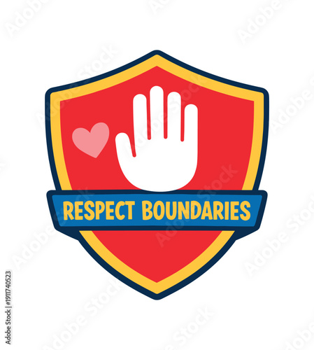 playful kids stop sign shaped like friendly shield with tiny heart and raised hand inside respect boundaries symbol no characters . colored flat icon vector illustration