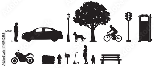 Urban Objects and Street Elements Silhouettes Scale Pack