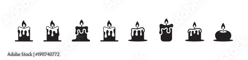 Dripping wax candle icon set black fire silhouette collection for decoration memorial or birthday