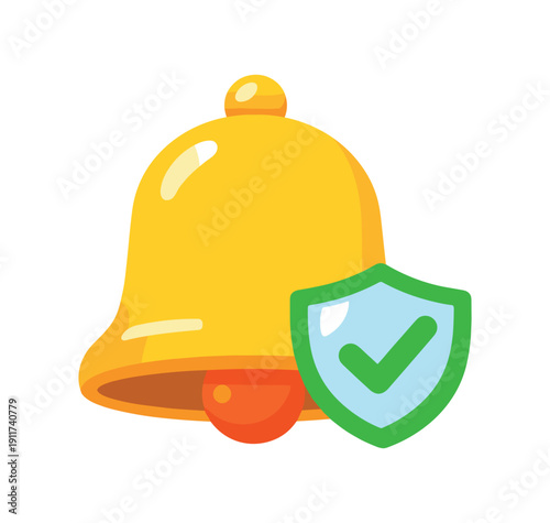 notification bell with tiny shield and simple checkmark safe alerts for kids devices . colored flat icon vector illustration