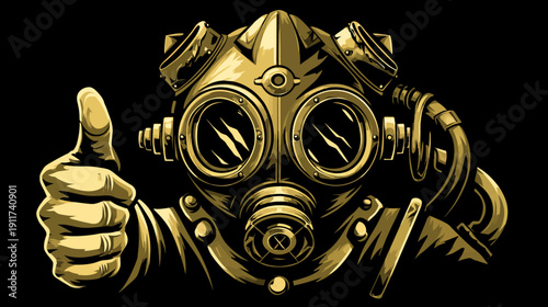 Illustration of a golden-toned gas mask with a thumbs-up hand gesture on a black background