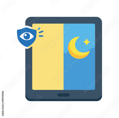 tablet with blue light filter symbol tiny crescent caring night screen habit . colored flat icon vector illustration