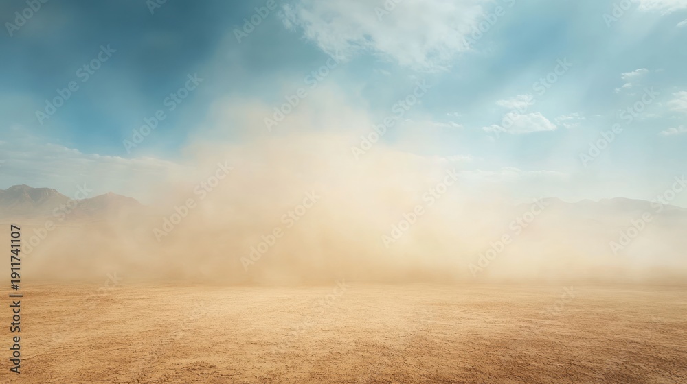 Fototapeta premium A desert landscape with dust obscuring mountains under a blue sky with fluffy clouds