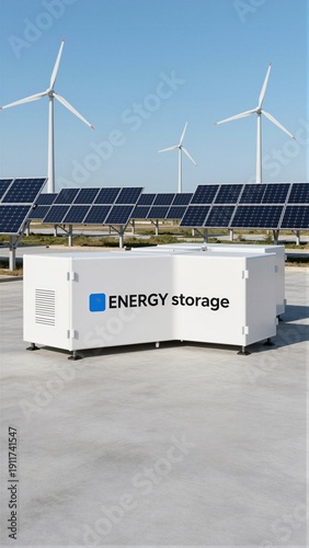Modular lithium-ion battery energy storage systems (BESS) integrated with solar panels and wind turbines for a sustainable net-zero energy grid infrastructure.