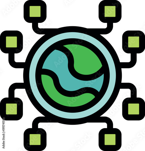 Green and blue earth globe is at the center of network, connected to multiple digital squares symbolizing global data exchange