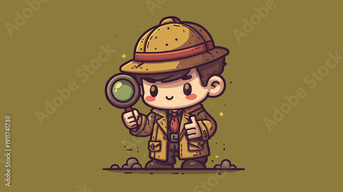 Adorable cartoon detective with a magnifying glass, in brown coat and hat, thumbs up