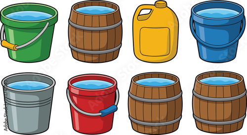 Cartoon water container set with colorful plastic buckets, metal pail, wooden barrels and yellow canister filled with water, isolated illustration