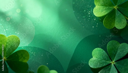Green shamrocks on a festive background with bokeh and glitter. St. Patrick's Day holiday concept with copy space. Irish luck and spring nature background