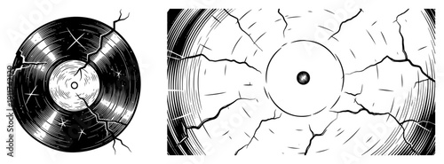 Black and white vinyl record and radial sound wave with dramatic cracks and shattered effect