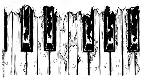 Vintage hand drawn sketch of weathered and melting piano keys in artistic grunge style