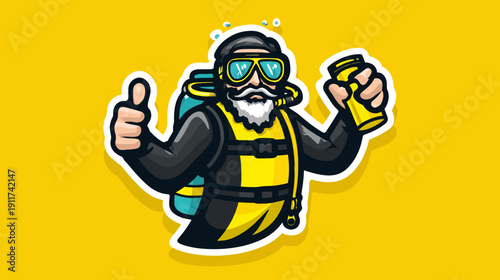 A cartoon diver with a beard giving a thumbs up and holding a yellow can. Background is yellow