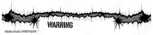 Warning sign design with a horizontal rip in paper and dark ink splashes in grunge style