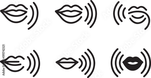 Speech and Voice Sound Wave Icons Set, Lips Talking, Audio Communication