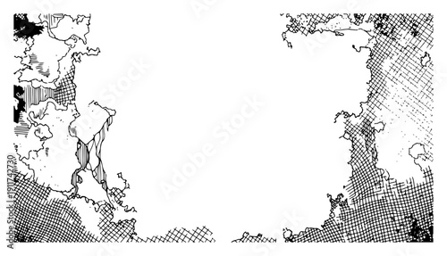 Creative background frame with hand drawn crosshatch textures and abstract organic shapes