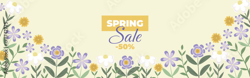 Spring Sale -50% Website Header Banner, Floral Marketing Hero Background for Online Store Promotion. Purple and Yellow flowers. Vector template.