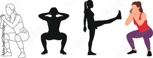 Set of woman exercising fitness workout silhouettes including squats and leg stretches for healthy lifestyle and athletic training vector illustration.