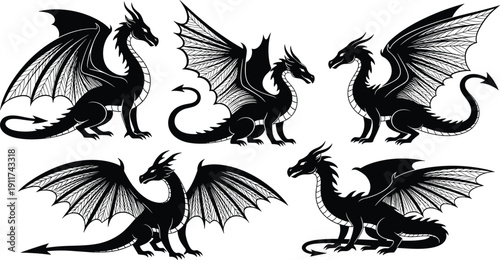 Dragon silhouettes collection with detailed wings and mythical poses isolated on white background, fantasy creature vector set for design