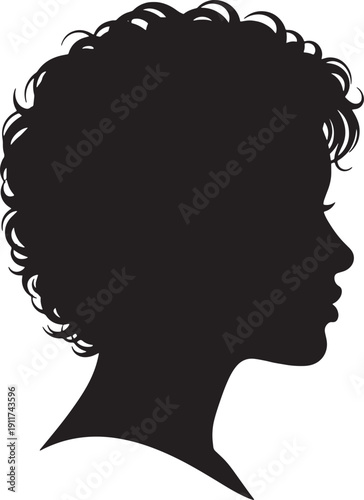 Curly-haired silhouette of a person’s head and shoulders facing right on white background