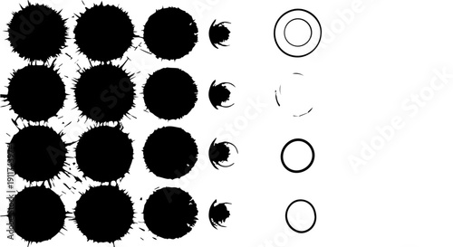dynamic black ink splatters rough paint textures and crisp graphic circle outlines presented on a clean white background ideal for abstract design motion graphics and visual effects.