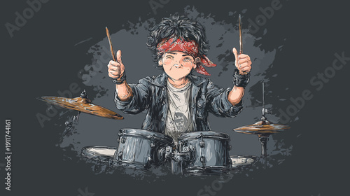A cartoon illustration features a drummer with thumbs up and drum set on a gray background