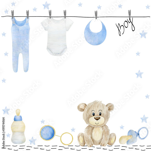 Watercolor vector baby shower for boy. Cute hand drawn frame with baby elements.