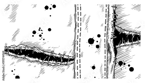 Grungy hand drawn sketch of torn fabric with stitches and ink splatters