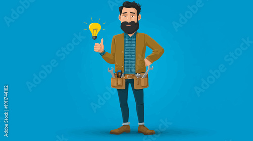 A cartoon man with a beard and a belt of tools has an idea. A lightbulb appears above
