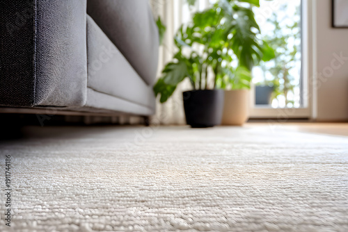 Textured rug section with sofa edge and small plant accent with bottom copy space luxury p