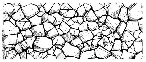 Detailed hand drawn sketch of shattered stone fragments and cracked masonry pattern