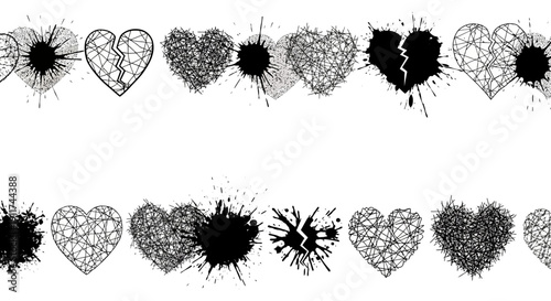 abstract black and white broken hearts tangled line heart shapes and ink splatters conveying love loss and emotional depth.