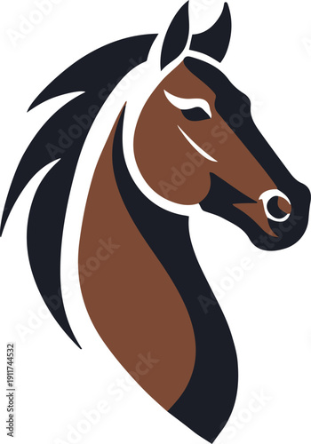 Simple horse head vector logo style, bold black stroke, flat brown fill, no texture, high contrast, minimal design