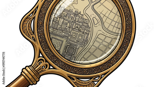 ornate magnifying glass revealing a detailed intricate fantasy city map perfect for themes of discovery mystery and adventure.