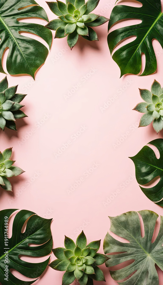 Fototapeta premium Green plants create a frame around a pink background for a clean look