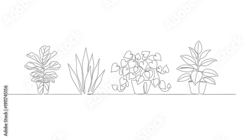Continuous line drawing of four potted plants on a shelf isolated on white background