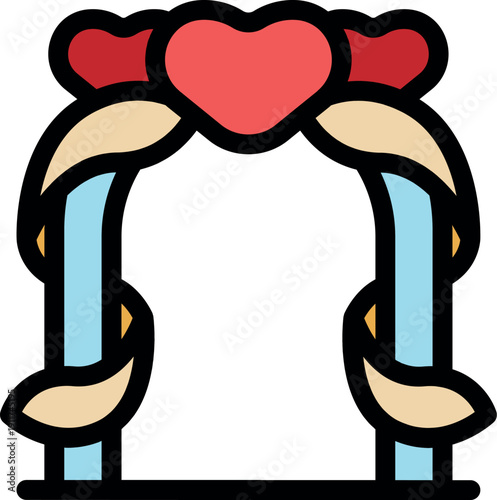 Wedding arch adorned with hearts and ribbons, creating a romantic setting for exchanging vows